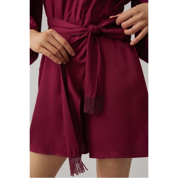 Anthropologie Farm Rio Bell Sleeve Romper V-neck Belt Beads Tassels Plum M NWT - Picture 3 of 7